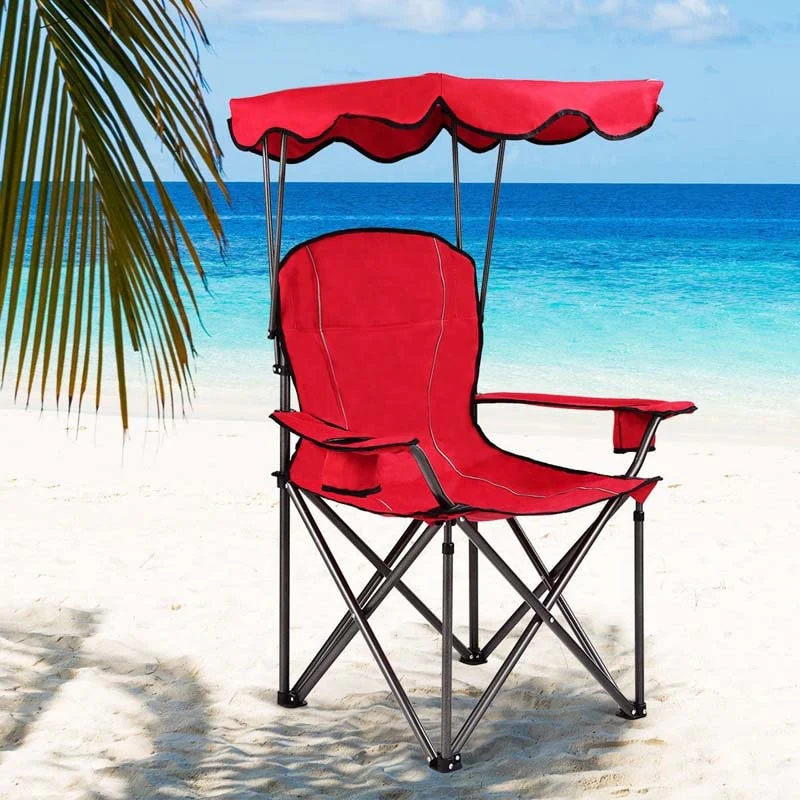Outdoor Canopy Chair Portable Folding Beach Chair With 2 Cup Holders 600D Pvc Fabric Camping Chair Lawn Chair - Comfortable And Ergonomic Design